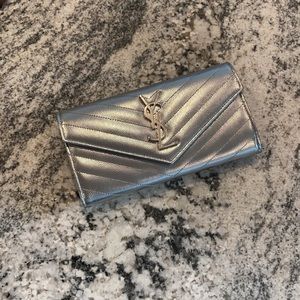 -SOLD-  Gorgeous Metallic Silver YSL Large Flap Wallet